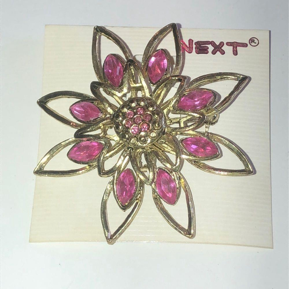 NEXT Jewelry - Light Gold Tone & Pink CZ Rhinestone Flower Brooch Shoulder Pin